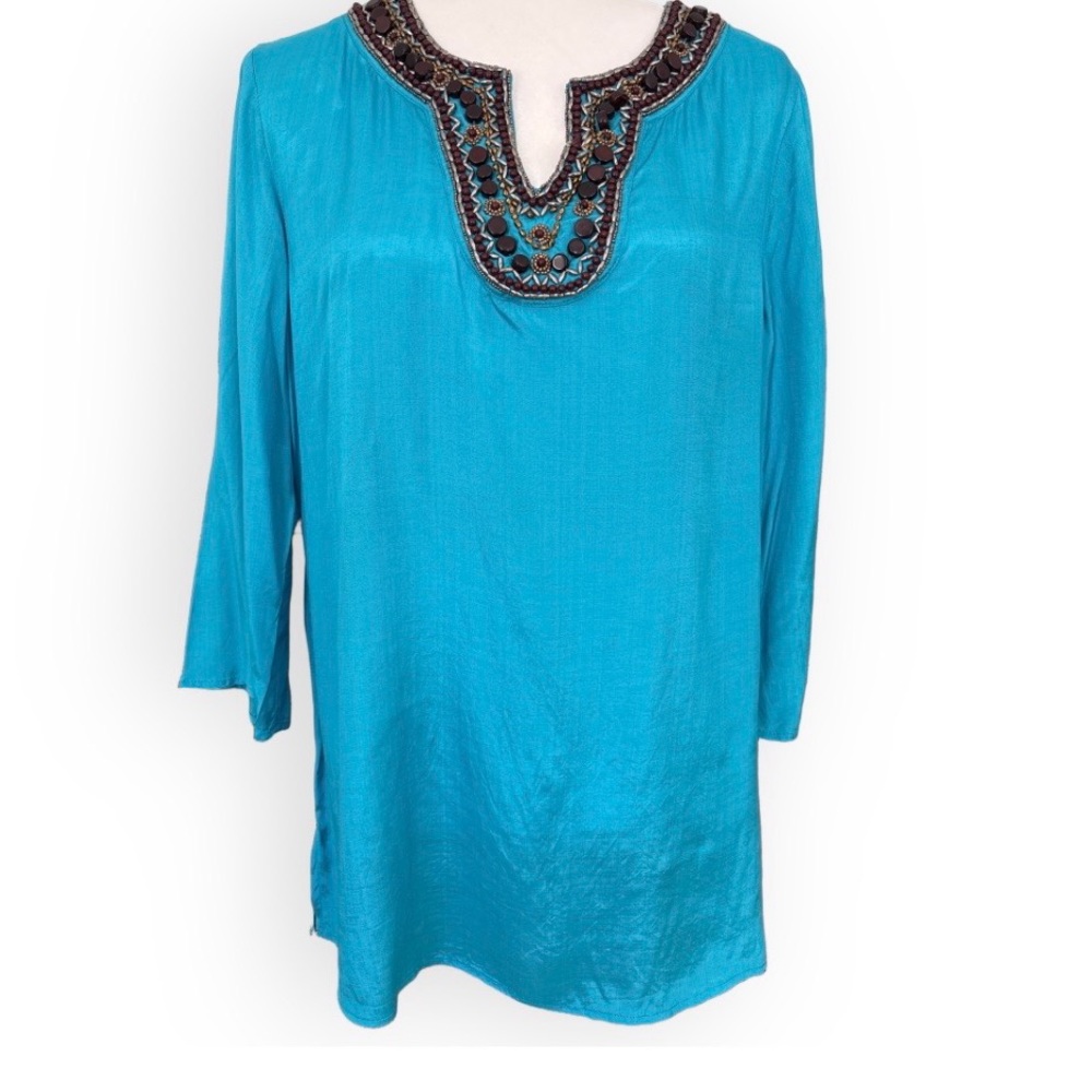 NWT Chico’s Kina Embellished Boho Tunic Size M Relaxed Luxury Coastal Mediterran